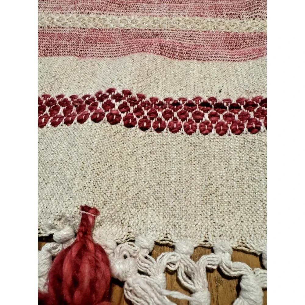 Max Studio Home Woven Throw Blanket Red Green Cream Metallic Fringe Tassels